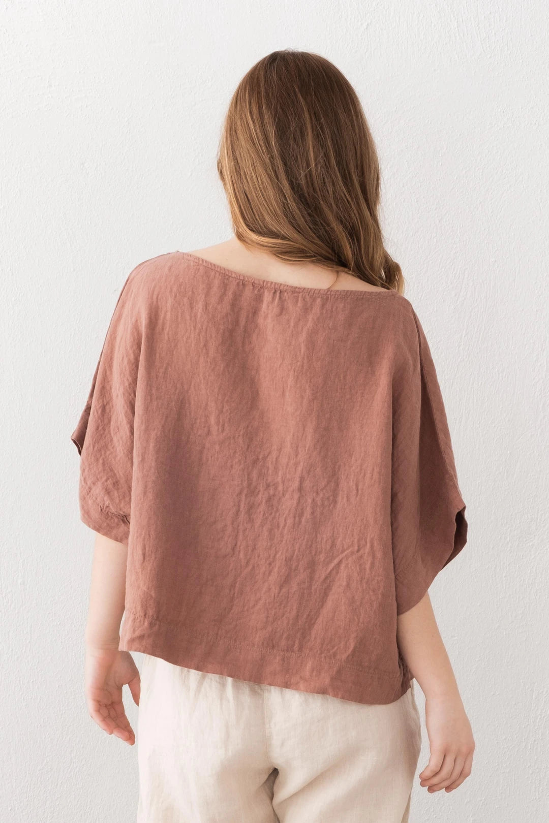 Boat Neck Pure Linen Blouse Mauve Rose