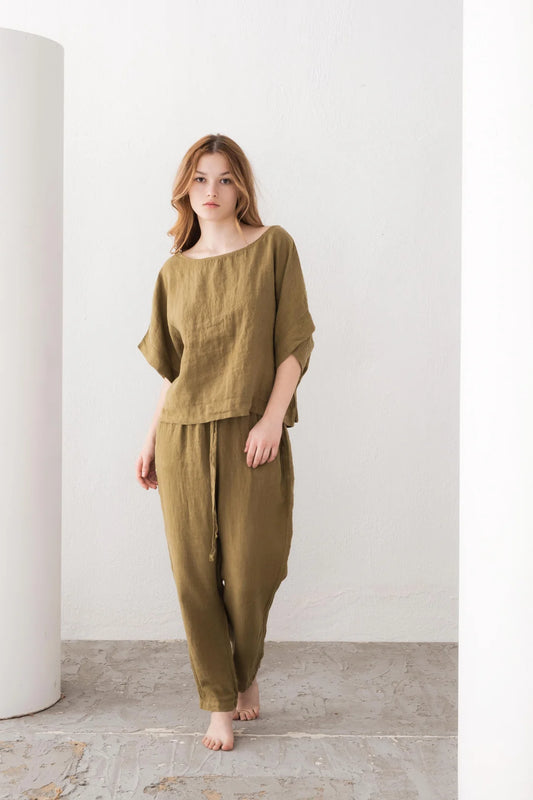 Boat Neck Pure Linen Blouse Festive Green