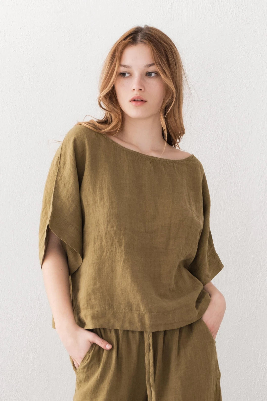 Boat Neck Pure Linen Blouse Festive Green