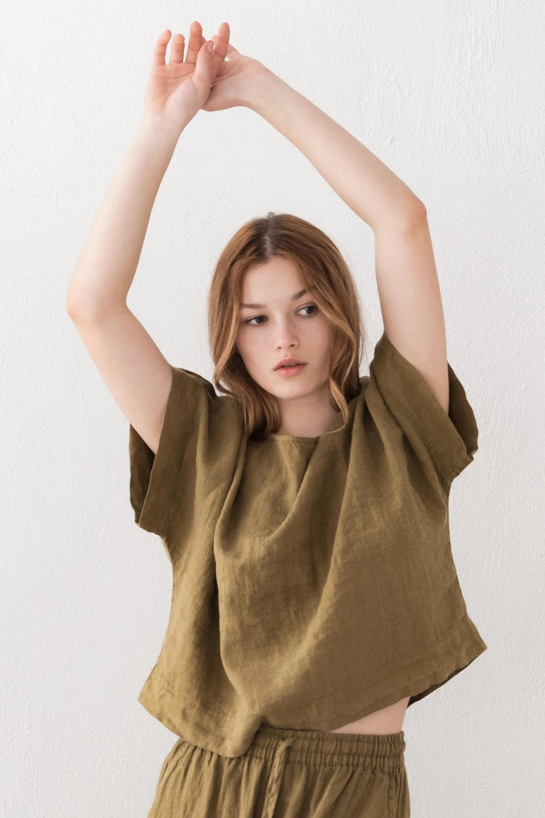 Boat Neck Pure Linen Blouse Festive Green