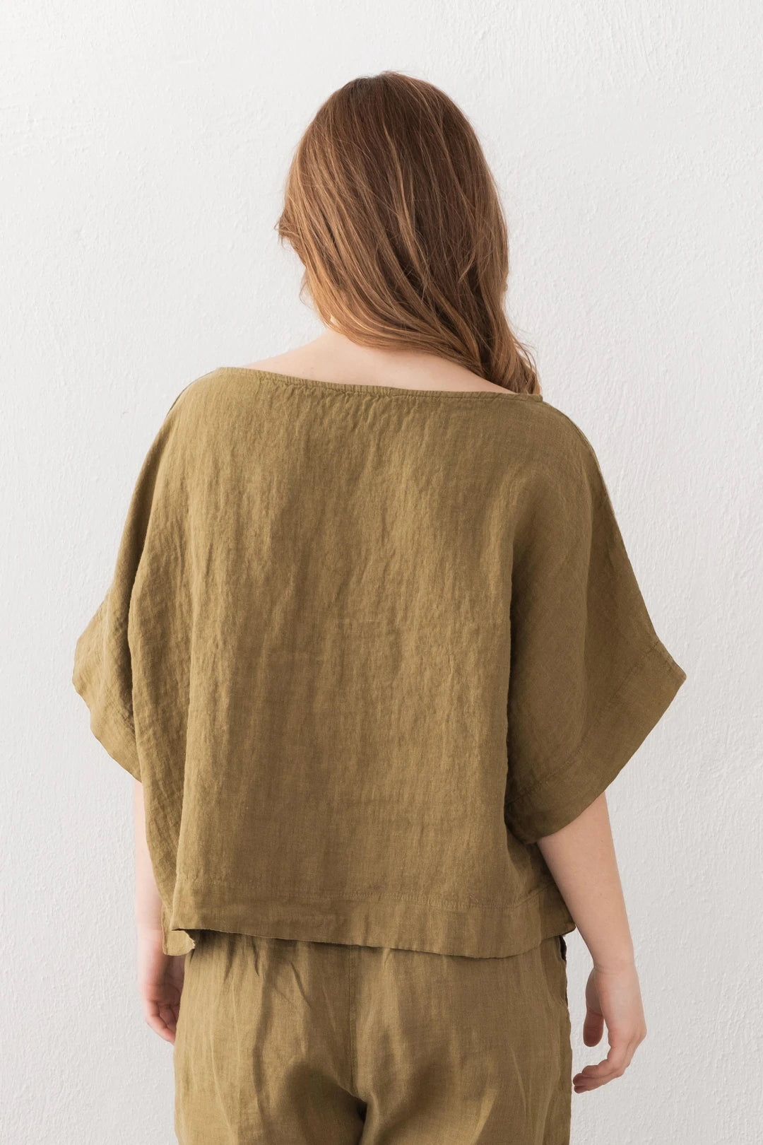 Boat Neck Pure Linen Blouse Festive Green