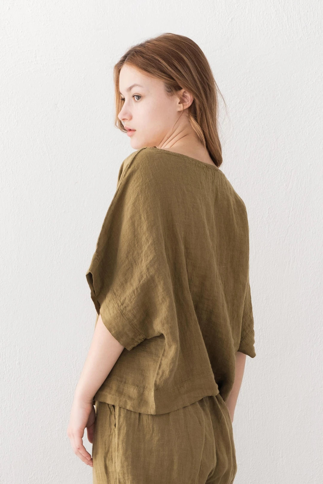 Boat Neck Pure Linen Blouse Festive Green