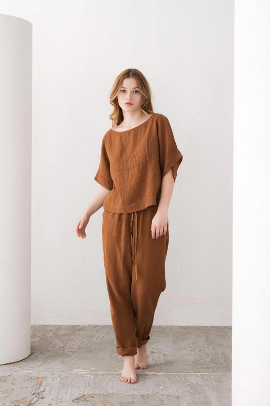 Carrot Cut Linen Pants Cinnamon Brown