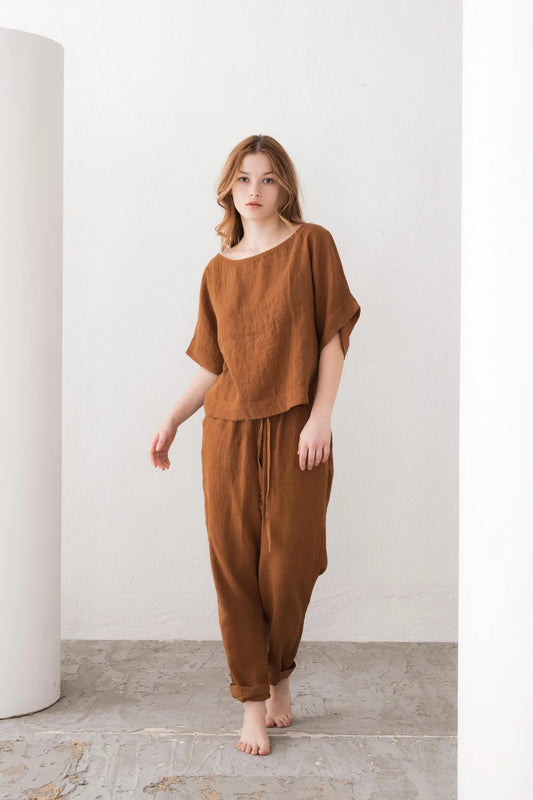 Boat Neck Linen Blouse Cinnamon Color