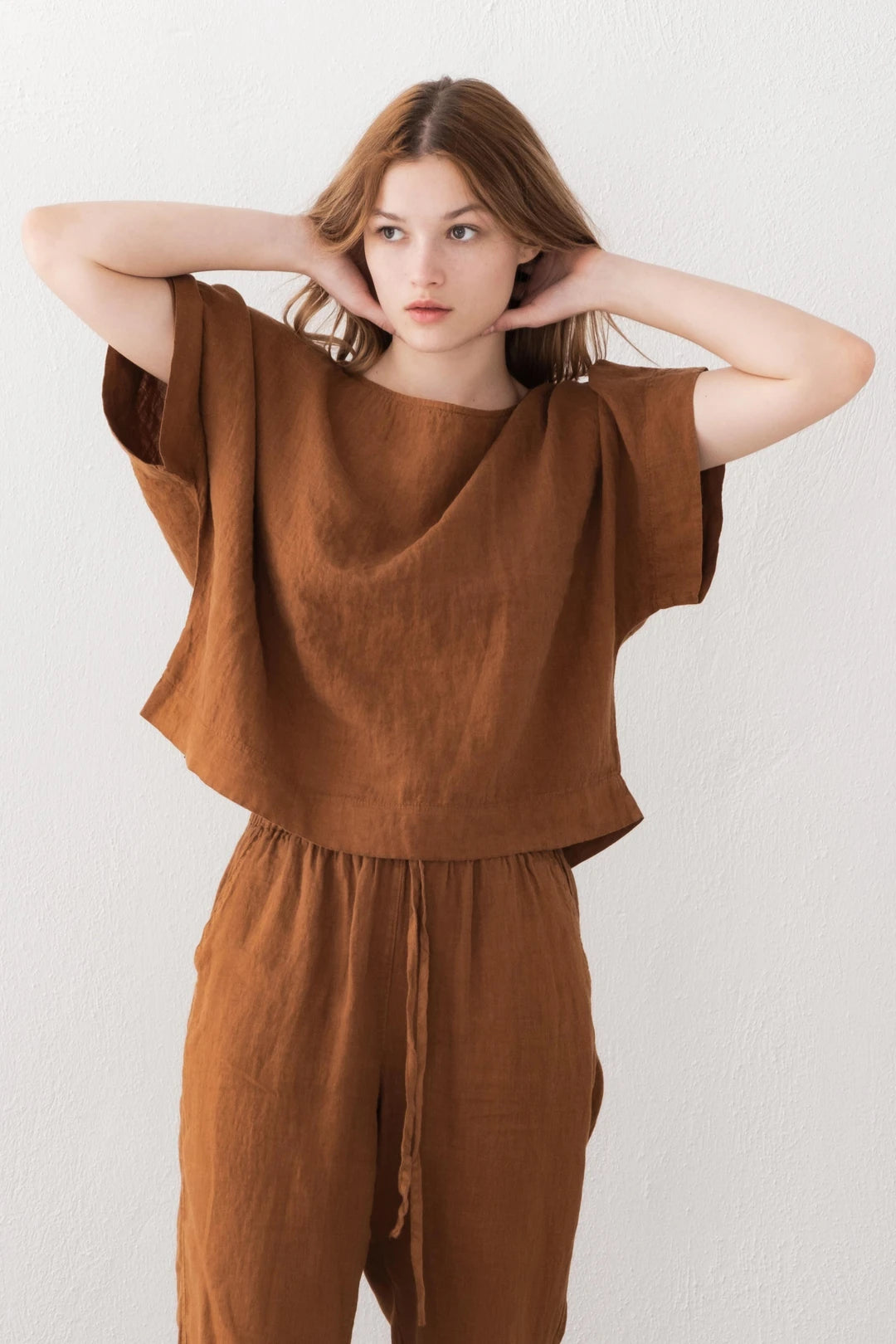 Boat Neck Linen Blouse Cinnamon Color