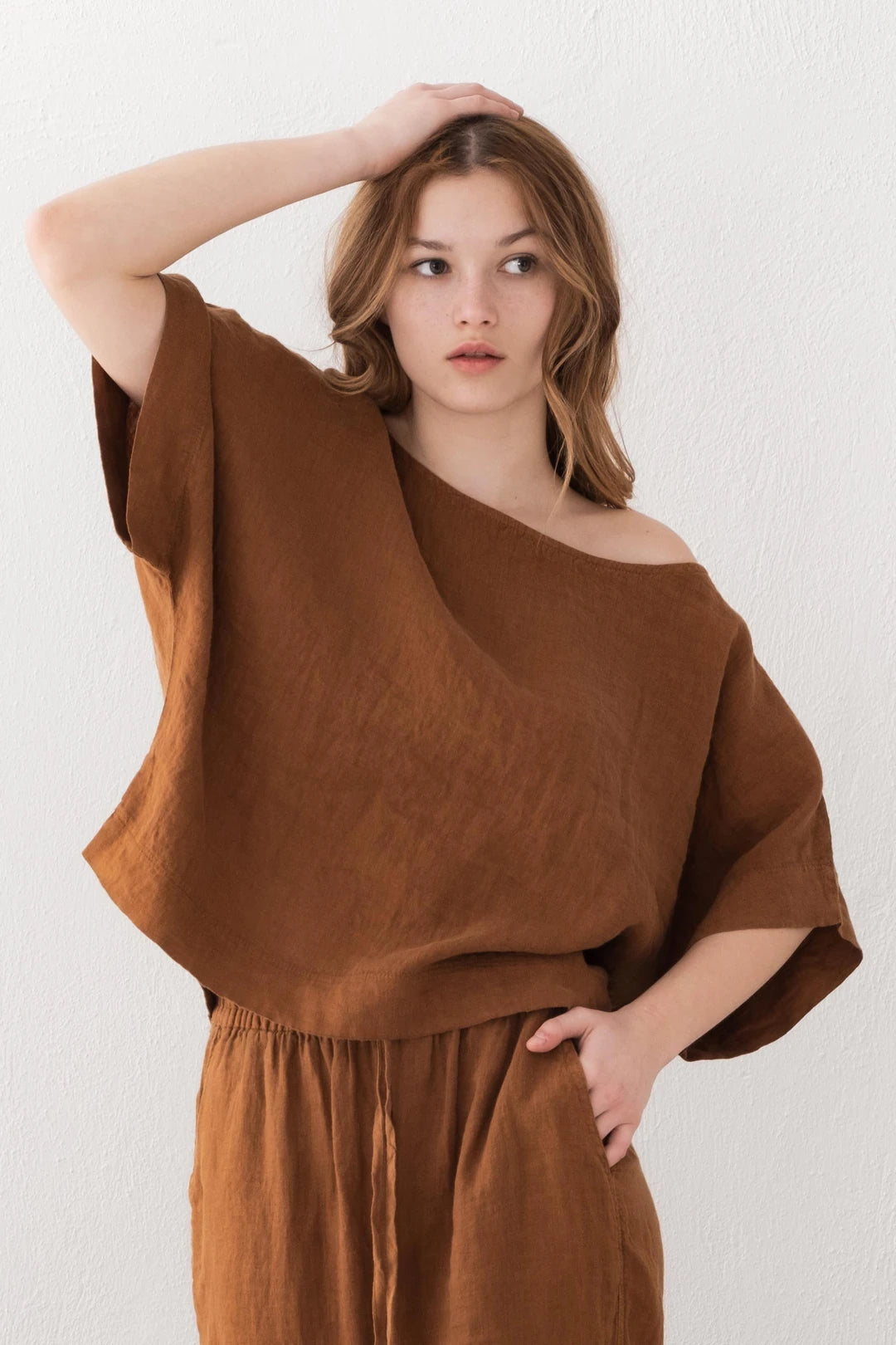 Boat Neck Linen Blouse Cinnamon Color