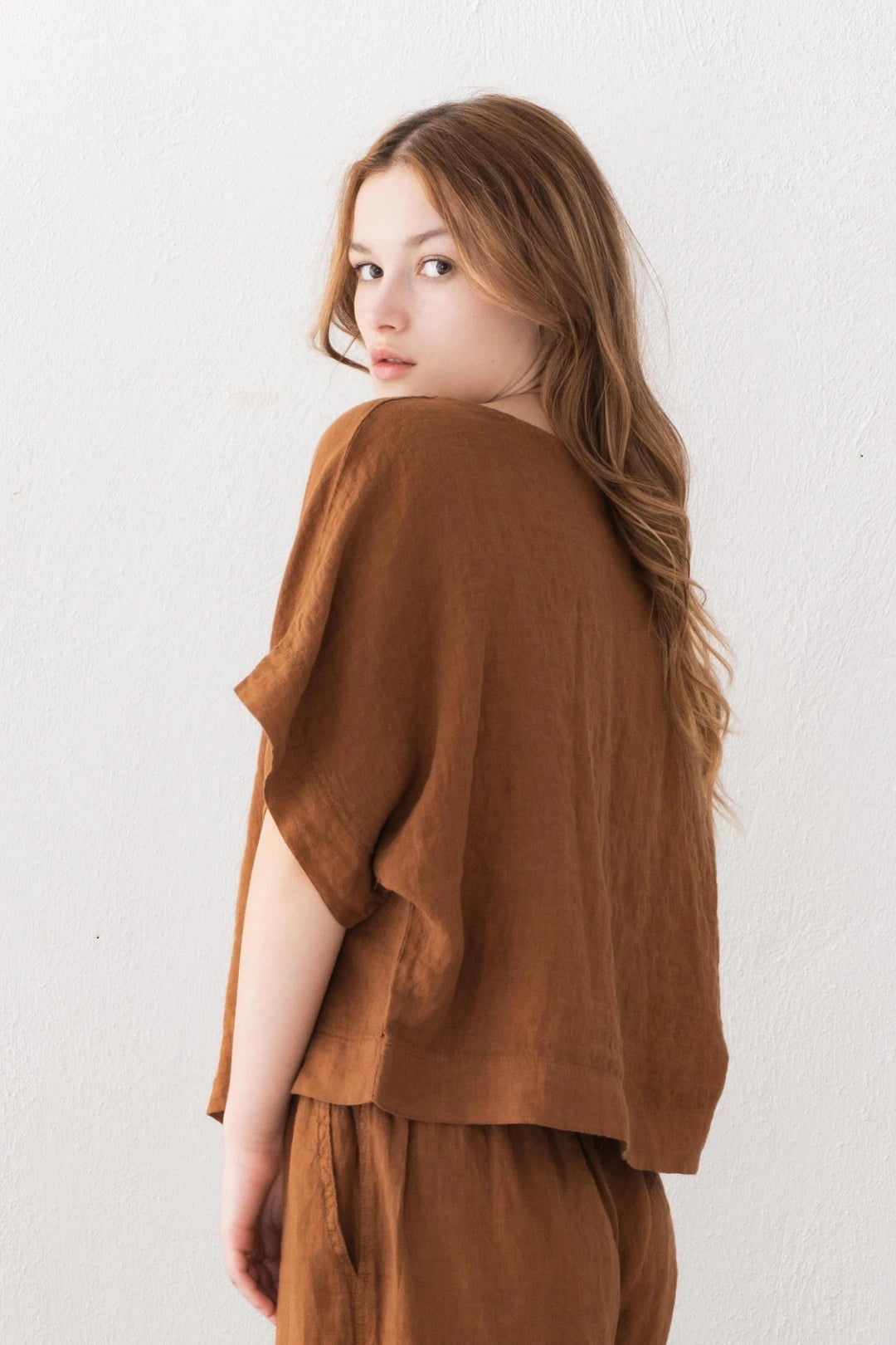 Boat Neck Linen Blouse Cinnamon Color
