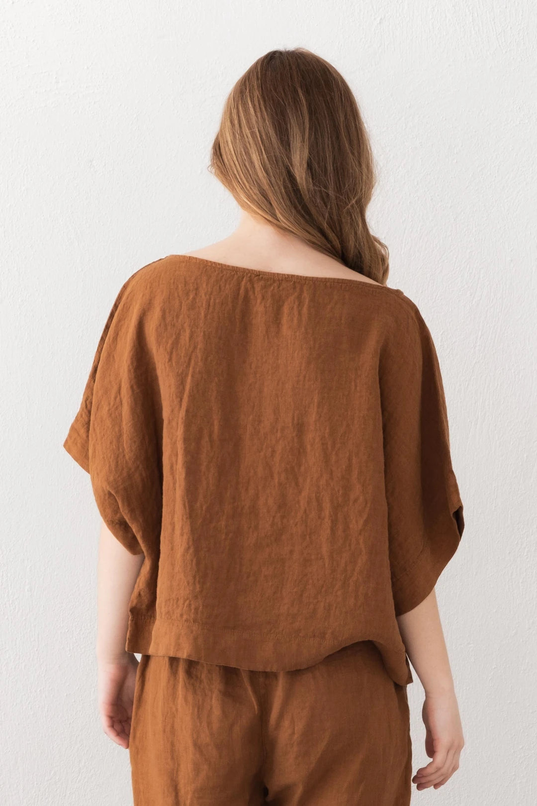 Boat Neck Linen Blouse Cinnamon Color