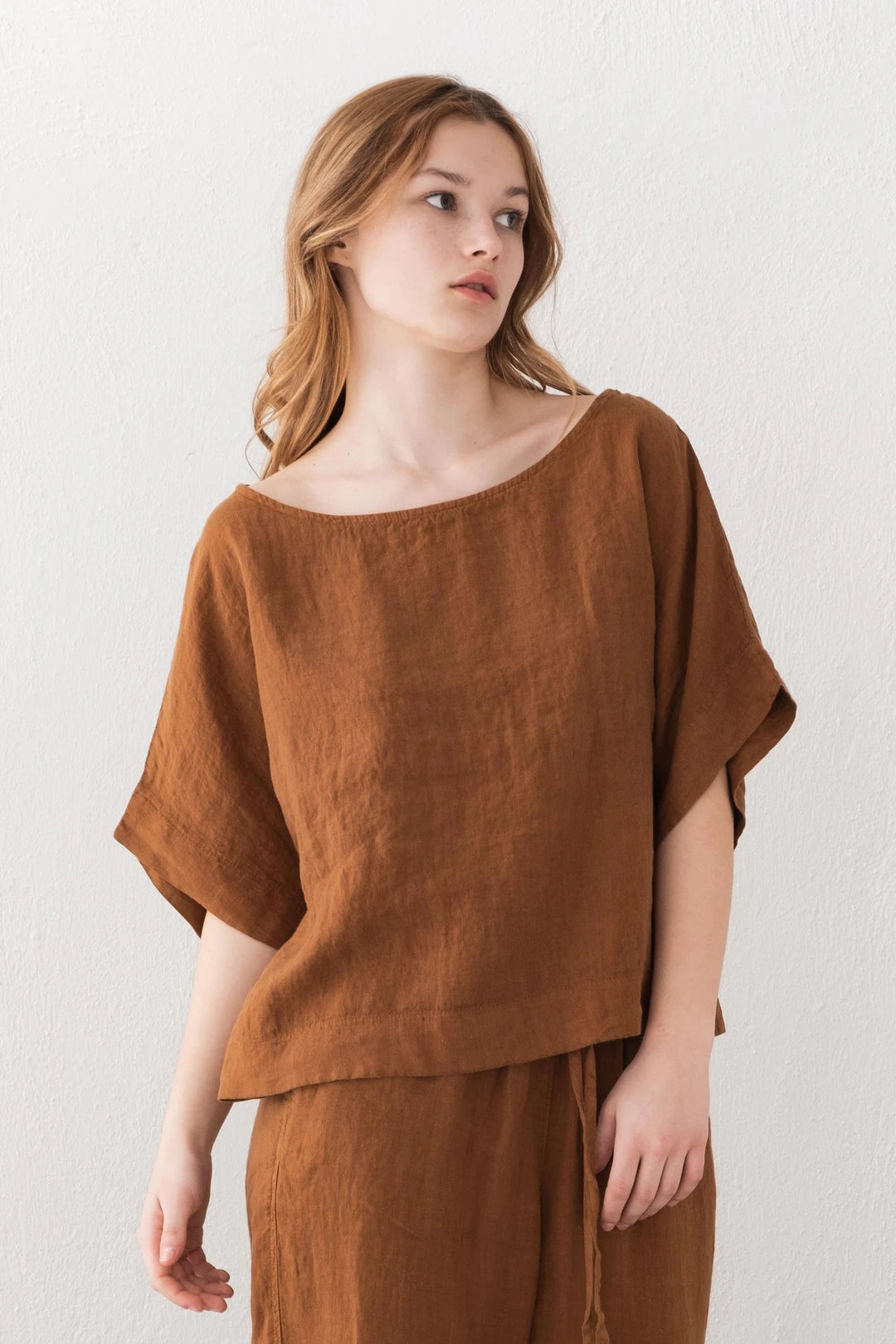 Boat Neck Linen Blouse Cinnamon Color