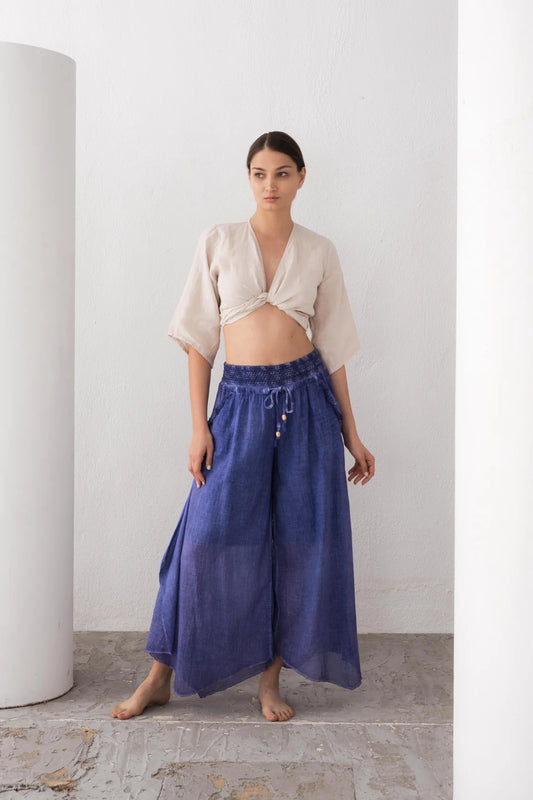 Spanish Wide Leg Linen Trousers Indigo Blue