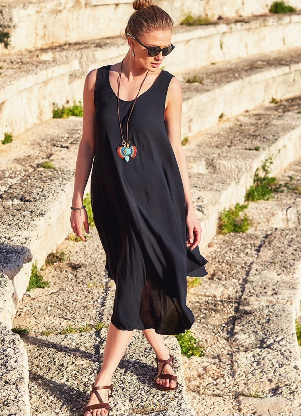 Bohemian Boat Neck Bolt Cut Gypsy Midi Black Dress