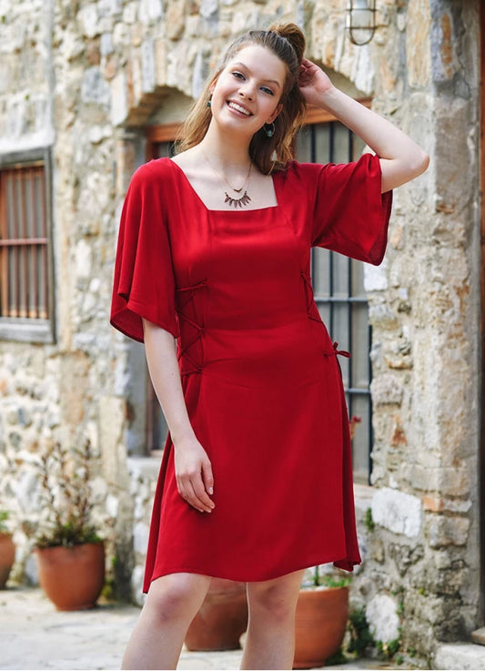 Square Neck Bohostyle Midi Dress - Red