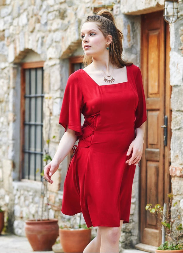 Square Neck Bohostyle Midi Dress - Red