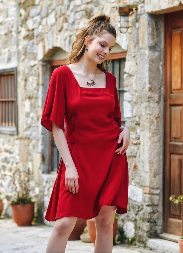 Square Neck Bohostyle Midi Dress - Red