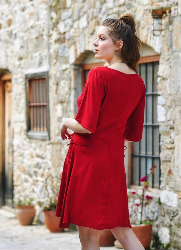 Square Neck Bohostyle Midi Dress - Red