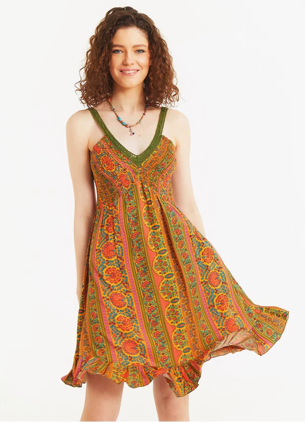 Lace Collar Strap Summer Dress Orange Patterned