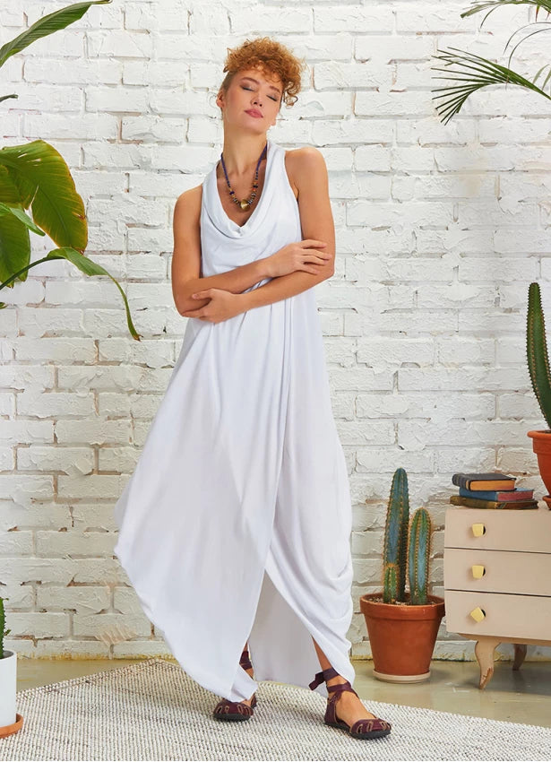 Bohemian Stylish Degaje Neck Sleeveless Dress White