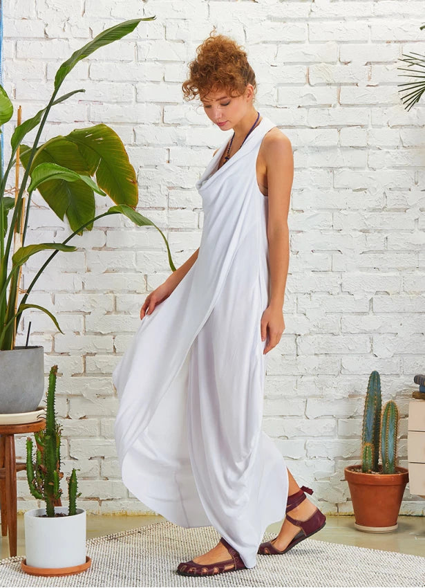 Bohemian Stylish Degaje Neck Sleeveless Dress White