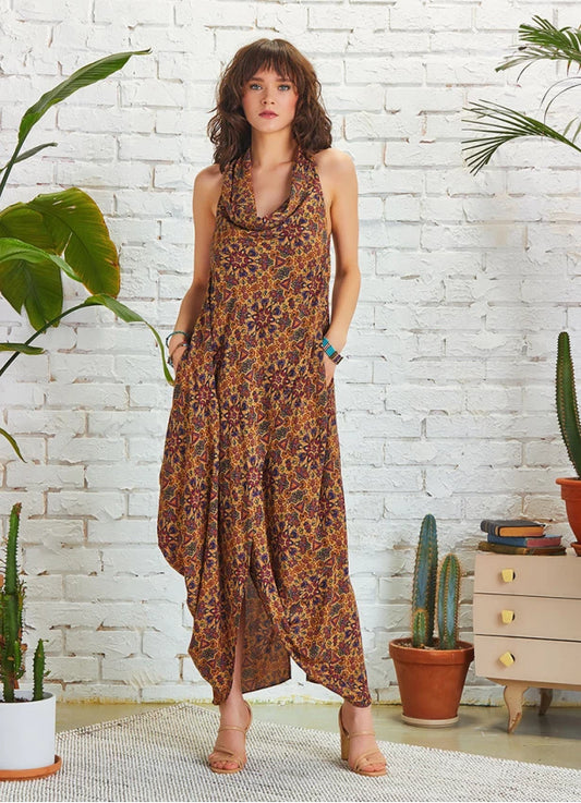 Bohemian Stylish Degaje Neck Sleeveless Dress Authentic Print