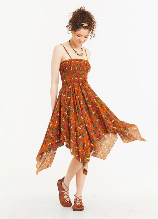 Hankerchief Skirt Thin Straps Loose Mustard Floral Patterned Dress