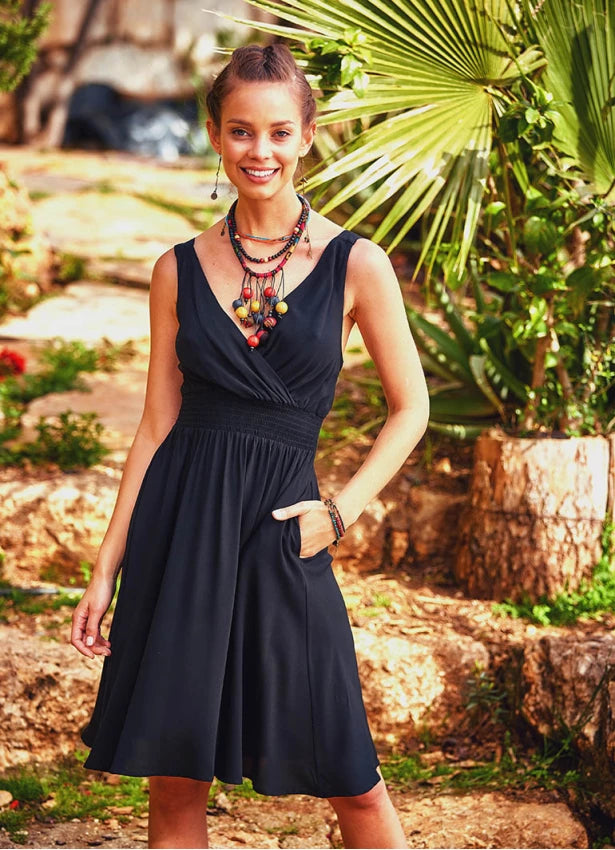 Bohemian Casual Dress with Pocket - Black