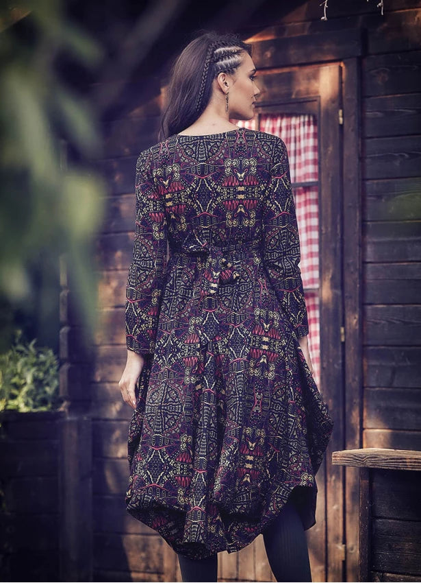 Boho Big Pockets Tie Waist V Neckline Ethnic Print Dress