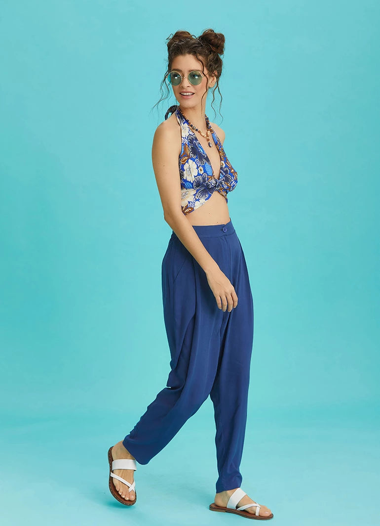 Halter Neck Blue Patterned Crop Blouse