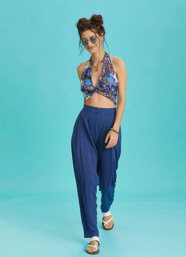 Halter Neck Blue Patterned Crop Blouse