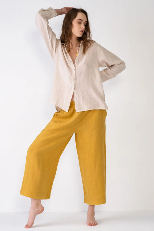 Straight Leg Linen Trousers Mustard Yellow