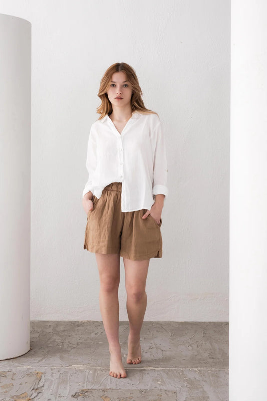 Linen Side Slit Short Mocha Brown