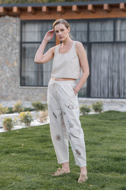 Hand Printed Slack Pants Beige