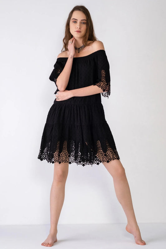 Madonna Collar Embroidered Dress - Black