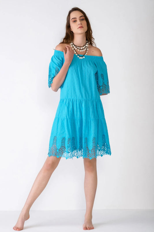 Madonna Collar Embroidered Dress - Turqoiuse Blue