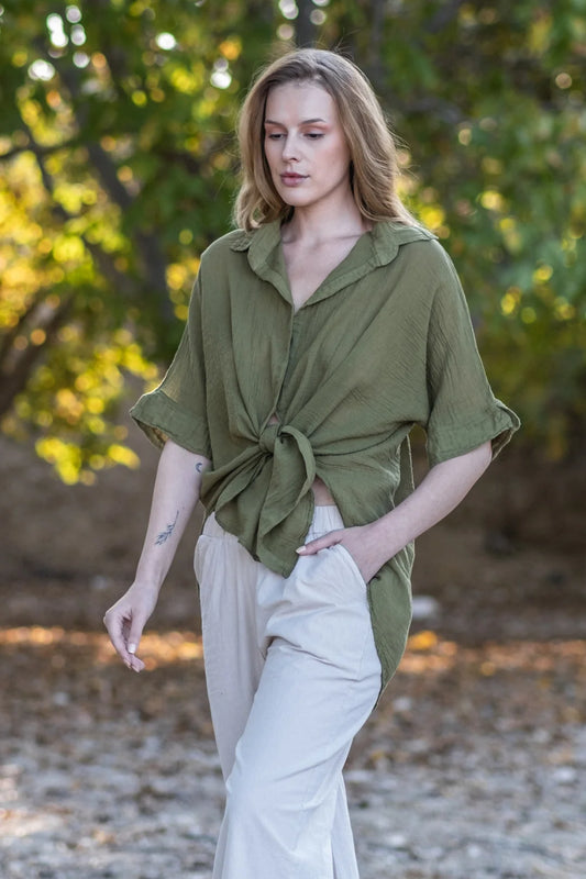 Pure Cotton Oversized Shirt Olive Green
