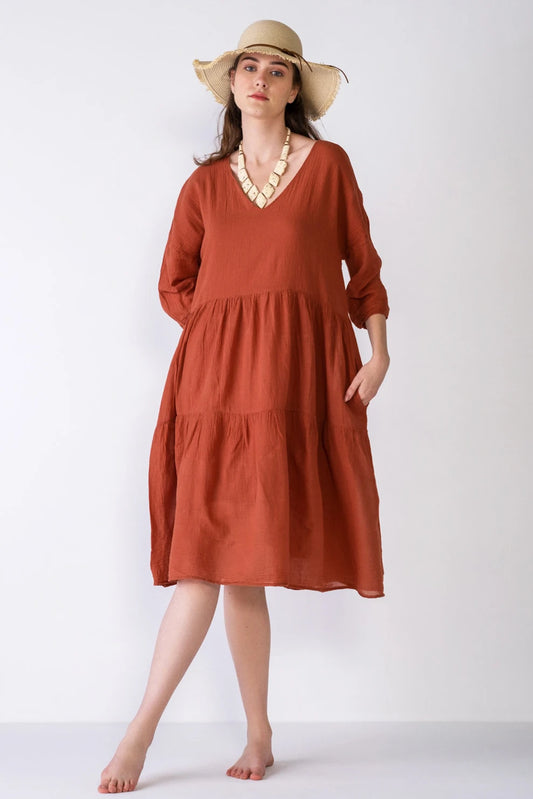 V-Neck Poplin Dress Brick Red Linen