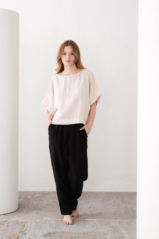 Boat Neck Linen Blouse Beige Color