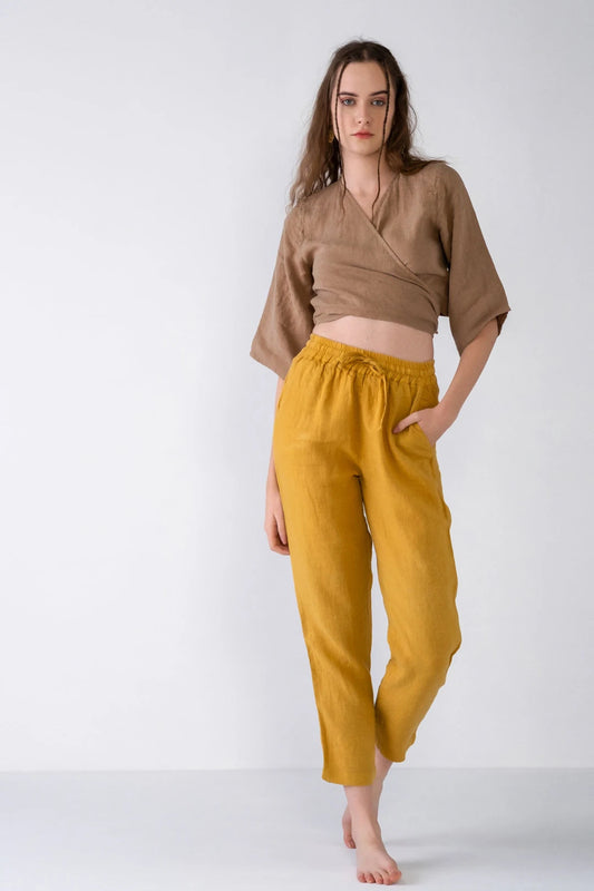 Carrot Cut Linen Pants Mustard Yellow