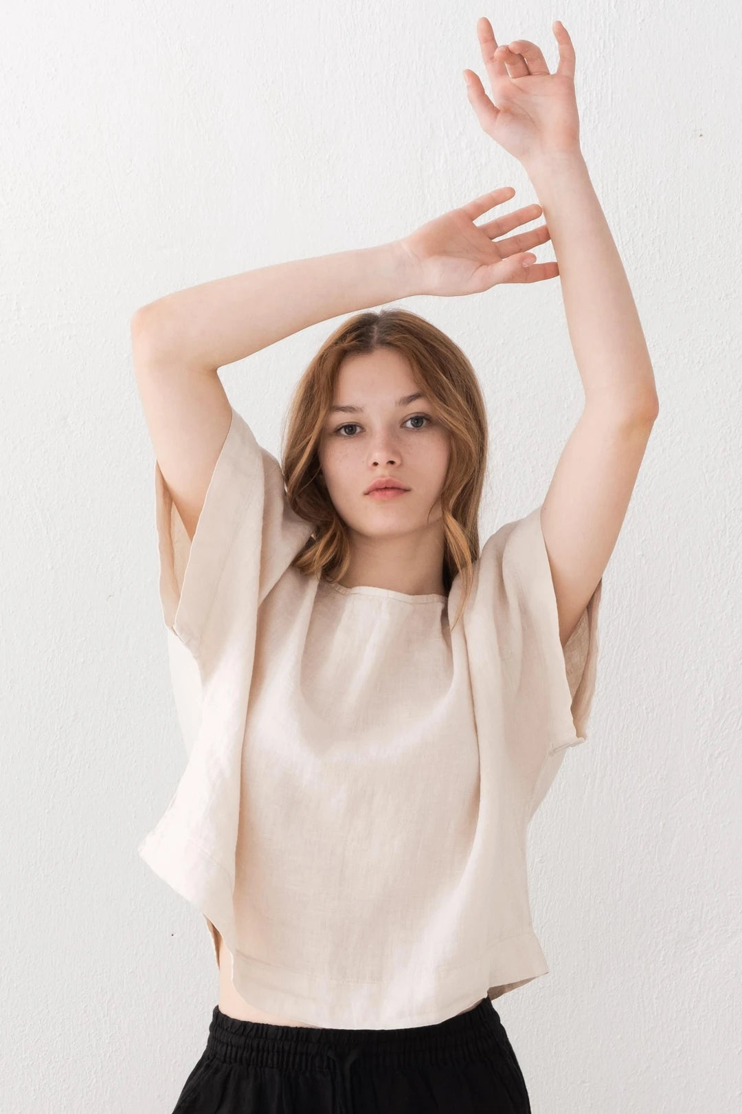 Boat Neck Linen Blouse Beige Color