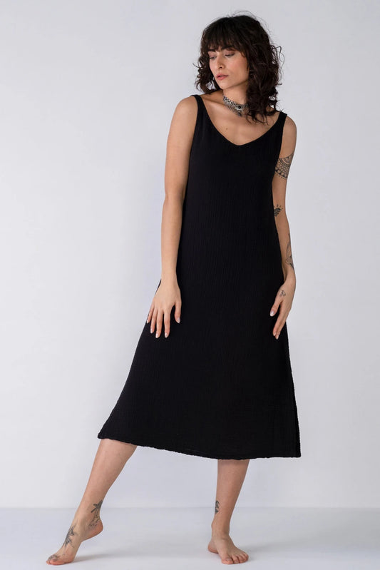 Muslin Cotton Strap Dress - Black