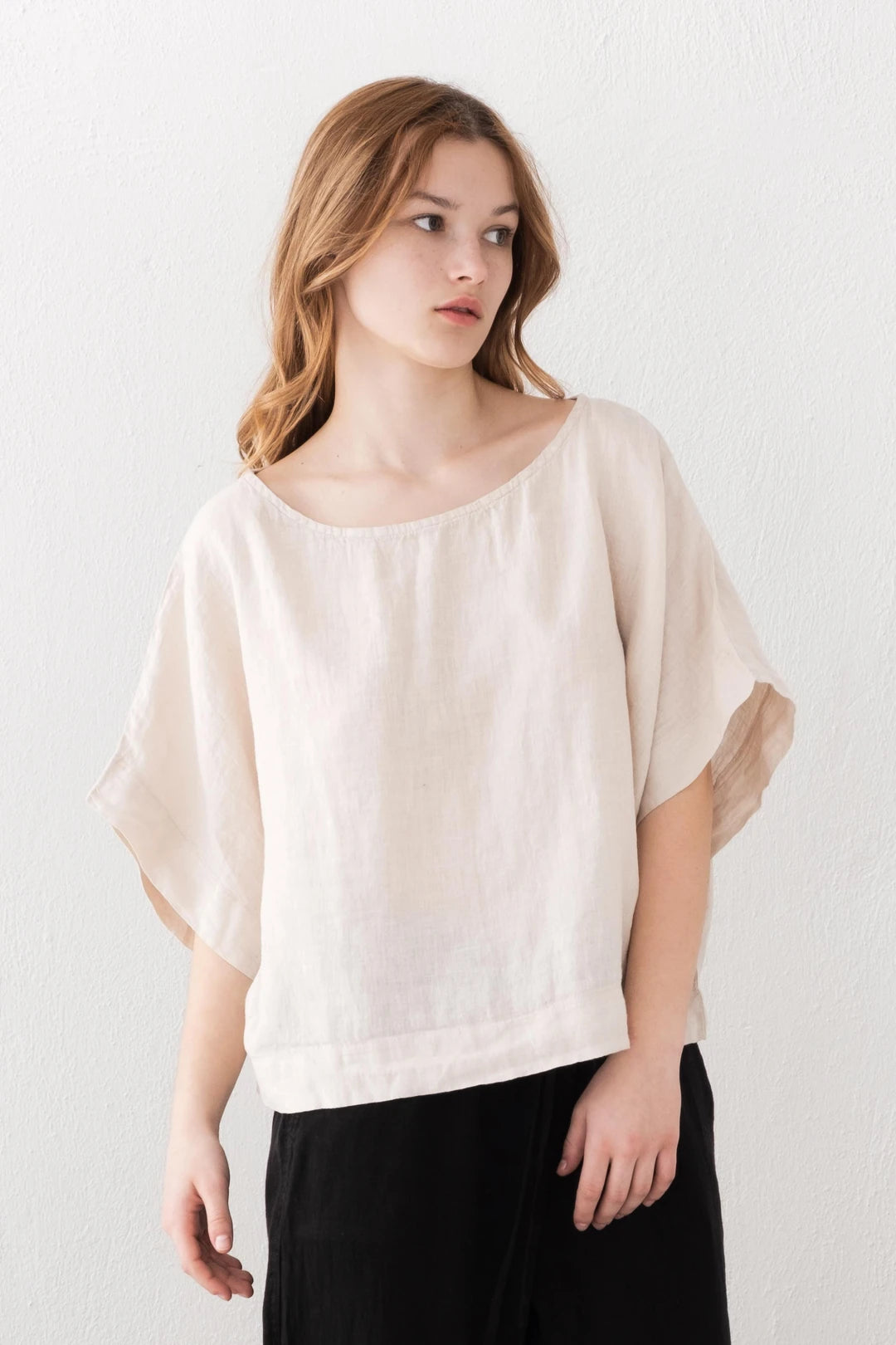 Boat Neck Linen Blouse Beige Color