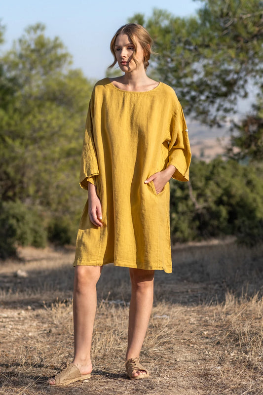 Linen Oversized Mini Dress Mustard