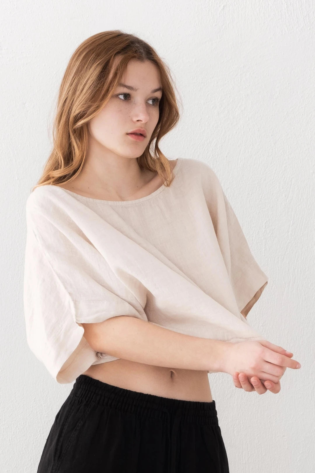 Boat Neck Linen Blouse Beige Color