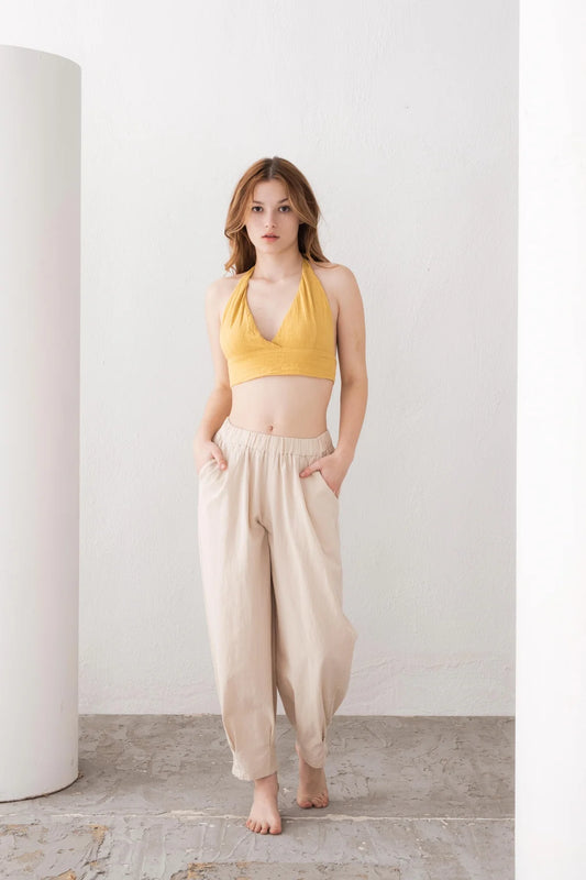 Cropped Cotton Halter Top Mustard Yellow