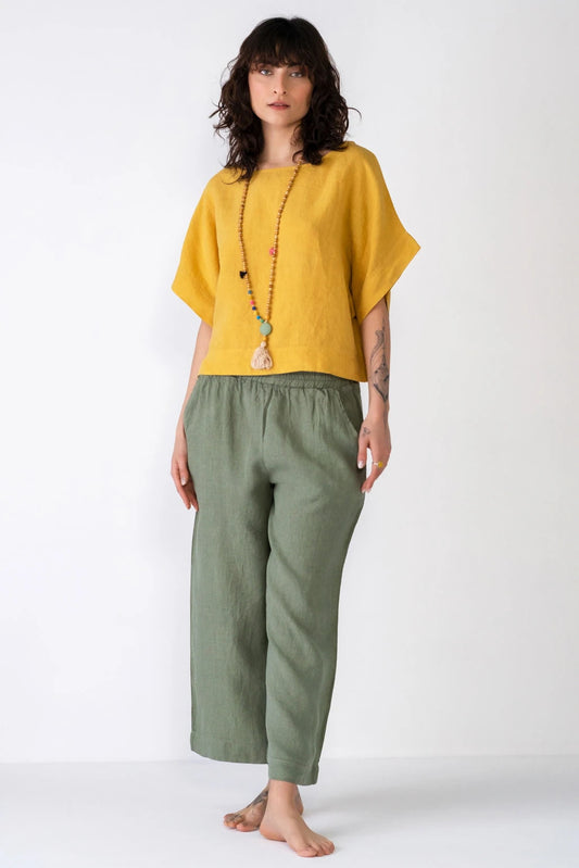 Straight Leg Linen Trousers Olive Green
