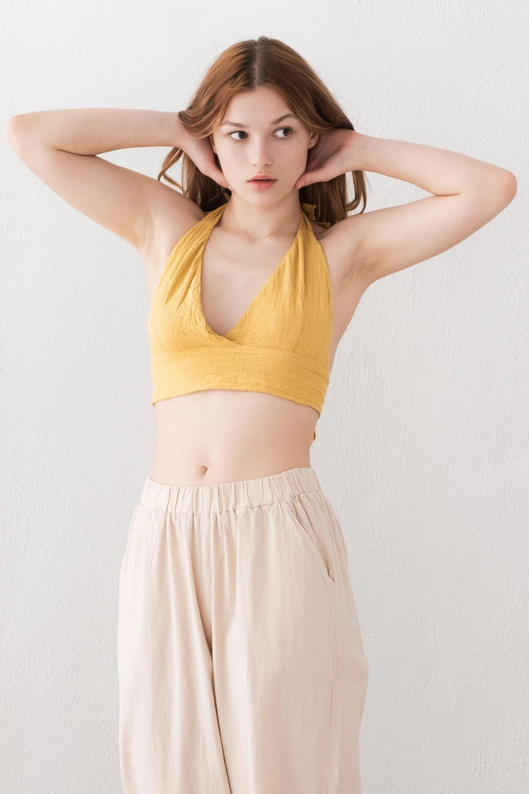 Cropped Cotton Halter Top Mustard Yellow