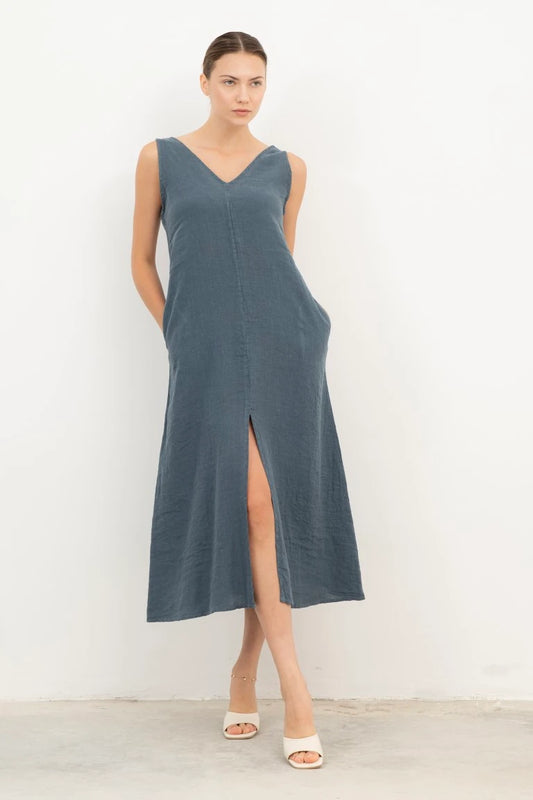 V-Neck Slit Raw Linen Dress