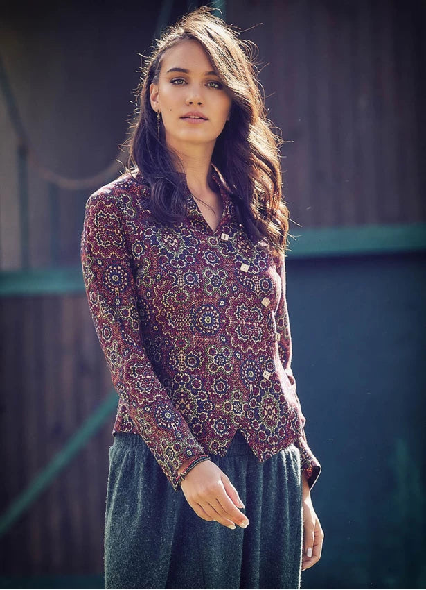 Asymmetric Front Slim Cut Long Sleeve Shirt Retro Paterned