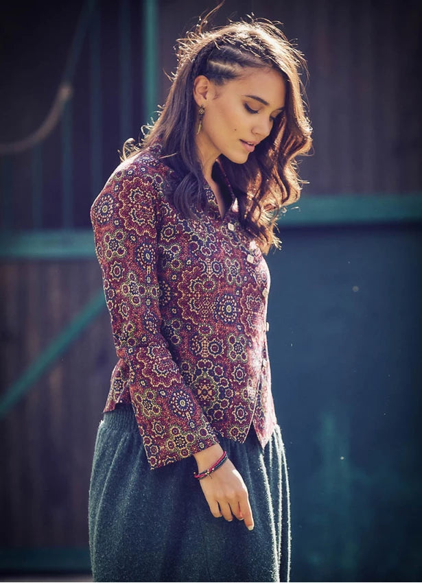 Asymmetric Front Slim Cut Long Sleeve Shirt Retro Paterned