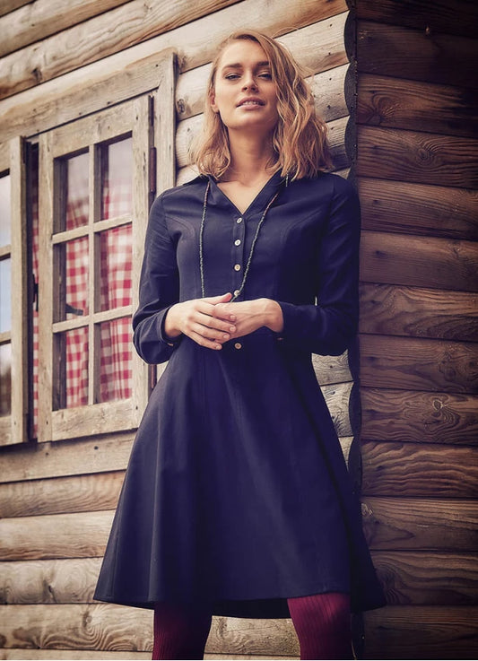 Shirt Collar Long Sleeve Cotton Fit Dress Black