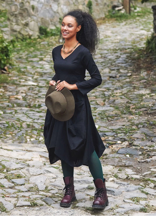 Boho Big Pockets Tie Waist V Neckline Black Dress